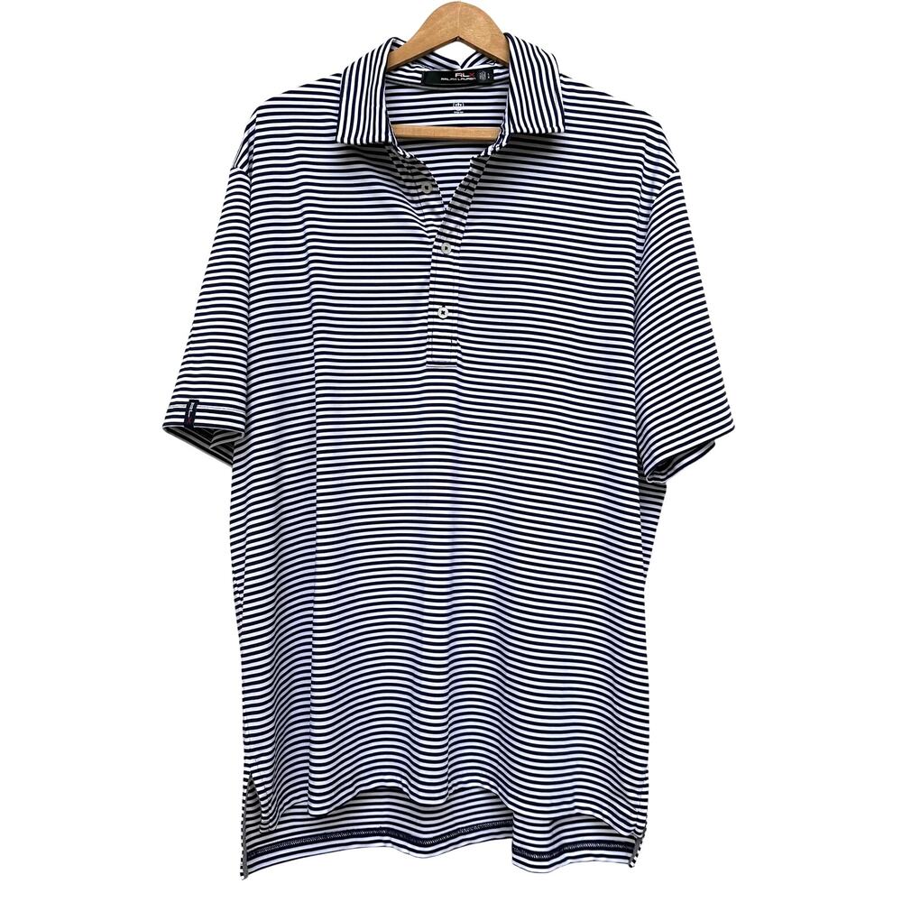 RLX Ralph Lauren Polo Shirt Men’s Size L Navy White Stripe Performance Golf Top